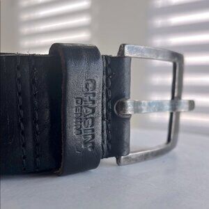 Chasin’ Denim (85) Wide Black Distressed Leather Belt with Square Metal Buckle
